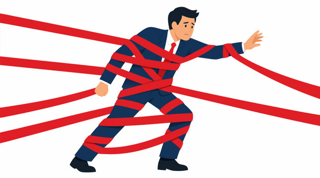 Stressed businessman tangled in red bureaucratic tape wrapping around his body, struggling to move forward, flat vector illustration on white background depicting corporate frustration and obstruction