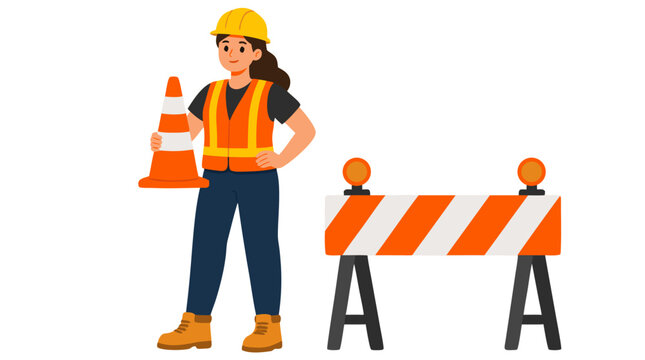 Female construction worker in yellow hard hat and safety vest holding orange traffic cone beside striped warning barrier, flat vector illustration, bold colors on clean white background