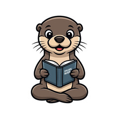 Fototapeta premium Adorable Brown Otter Mascot Sitting and Reading a Blue Book Vector Graphic for Education