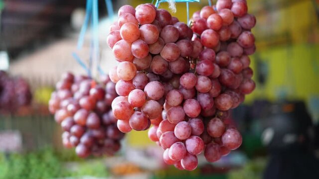 Fresh red grapes hanging in clusters at a vibrant local market stall with colorful blurred background suggesting fresh produce and lively commerce, elegantly showcasing fruit.