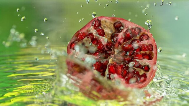 Super Slow Motion Shot of Pomegranate Falling into Water and Making Splash at 1000fps.