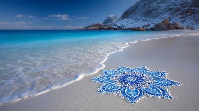 Turquoise sea and snow mountain backdrop with a blue mandala beach beauty