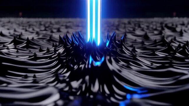 Abstract Blue Light Beam Erupting from Dark Liquid Surface in a Futuristic Digital Landscape.