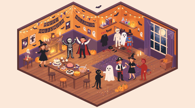 Cheerful isometric halloween party with children dancing