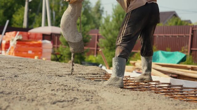 Industrial construction worker pouring wet concrete from a concrete pump onto a reinforcing rebar mesh to create the foundation of a building during a sunny day at a construction site