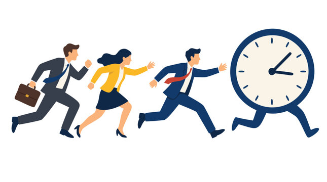 Businesspeople running and chasing a large anthropomorphic clock, race against time metaphor, bold flat colors on clean solid background, deadline pressure office workers vector illustration