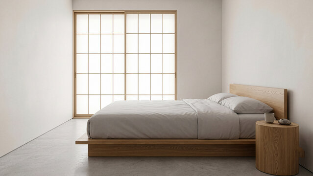 Japandi minimalist bedroom with light wooden platform bed shoji screen doors and stump nightstand