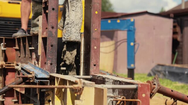Fresh liquid concrete pouring into a reinforced metal formwork structure during the foundation building process, showcasing the crucial phase of creating a solid base for a new house