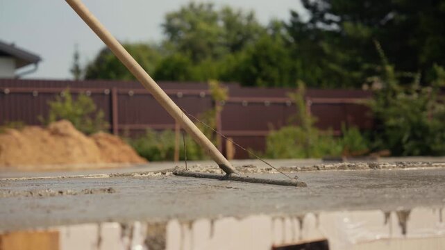 Construction worker using a long handled concrete rake to spread and level freshly poured wet cement for a foundation or floor slab at a residential building site during a sunny day
