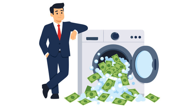 Businessman leaning on washing machine with dollar bills and soap bubbles spilling out, flat cartoon vector illustration, money laundering concept, financial fraud, clean cash metaphor