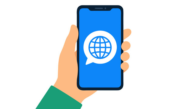 Flat vector illustration of a hand holding a smartphone displaying a white speech bubble with a globe icon on blue screen, symbolizing global communication, internet connectivity, messaging, and
