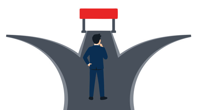 Businessman contemplating at Y-shaped crossroads with red barrier blocking straight path, flat vector concept of dead end decision dilemma on white background