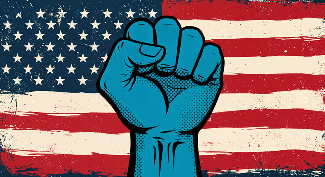 United States Fist of Protest: A bold blue fist, symbolizing resistance and strength, is raised against a distressed American flag, representing national unity and dissent.