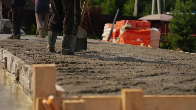 Unidentifiable construction crew wearing rubber boots working with shovels to level wet concrete screed for a new house foundation during the building process on an outdoor construction site