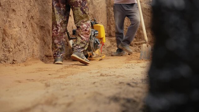 Low angle perspective of a construction worker operating a vibratory plate compactor to level and compact the soil inside a trench at a building site, with another worker standing by