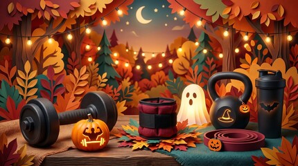 Fototapeta premium Dumbbell and kettlebell with Halloween decor on wooden table. Fitness equipment with jack o lantern and ghost for autumn sport workout. Seasonal holiday gym concept for athletic training