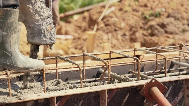 Construction workers pouring liquid concrete from a pump hose into a reinforced steel and timber formwork to create the solid foundation for a new building on a sunny construction site