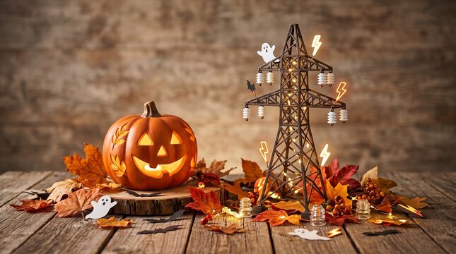 Carved pumpkin jack-o-lantern beside a miniature high voltage electricity pylon with lights. Halloween decoration concept with autumn leaves on wooden table for seasonal holiday celebration
