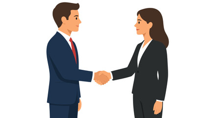 Fototapeta premium Businessman and businesswoman shaking hands as equals in a clean office setting, flat vector illustration on solid white background depicting partnership and professional agreement
