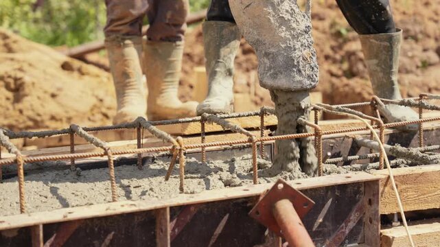 Construction workers using a concrete pump to pour wet cement mixture into a reinforced formwork, creating a solid building foundation for a new house during the construction phase