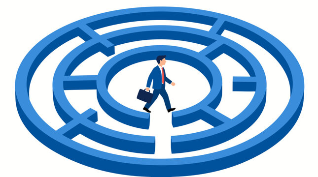Isometric businessman with briefcase walking inside circular blue maze, trapped concept of unsolvable problems, dead end routine, confusion and stuck career, flat vector illustration