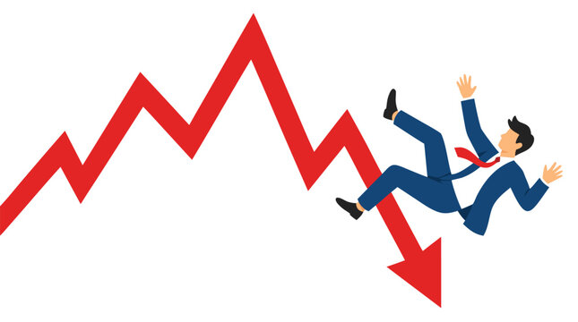 Businessman falling alongside jagged red down arrow graph showing stock market crash, financial loss, economic decline, bold flat vector illustration on white background, cartoon style