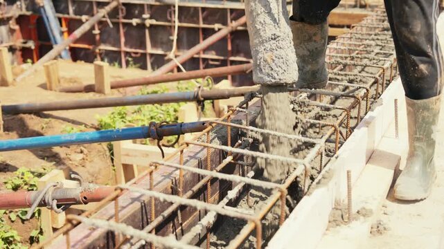 Construction workers pouring liquid cement into a reinforced steel cage at a building site, using a concrete pump hose to create a solid foundation for a new residential house