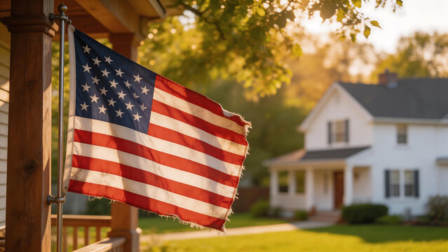 American flag on porch of house