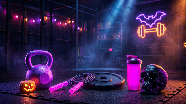 Gym equipment with kettlebell, barbell weight, jumping rope and shaker bottle decorated for Halloween. Dark fitness club interior with glowing neon light. Sports training concept