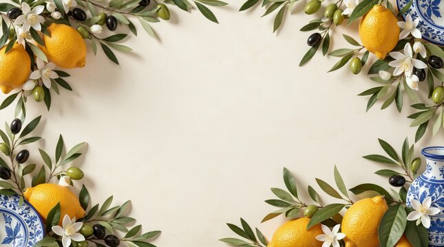 Fresh Mediterranean lemons and olives frame with copy space