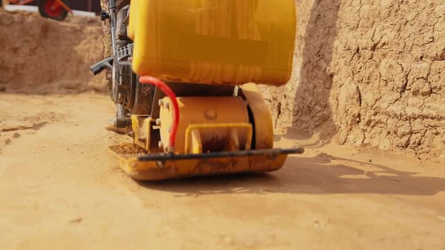 Industrial vibratory plate compactor tamping sand on a sunny day at a construction site. Close up footage of heavy machinery leveling the ground in preparation for building a foundation