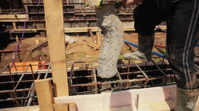 Industrial worker pouring wet concrete mix from a hose into a reinforced steel and timber formwork during the foundation pouring phase of a new building on a construction site