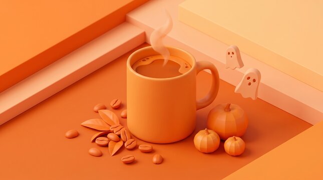 Steaming coffee mug surrounded by pumpkin and ghost decorations on an orange background. Halloween seasonal beverage concept. Minimalist 3D render design for autumn celebration theme