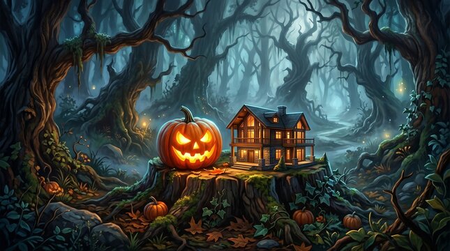 Scary jack o lantern pumpkin and miniature wooden house on giant tree stump in dark spooky forest. Halloween night landscape with glowing carved vegetable and cozy cabin mystery