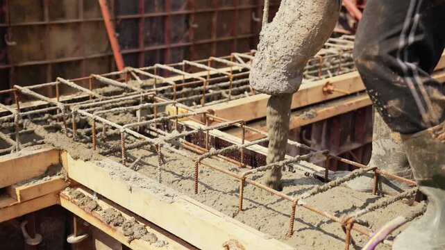 Industrial machinery pouring wet cement mix into a reinforced steel rebar cage during the foundation laying phase of a new building project, with a construction worker guiding the process