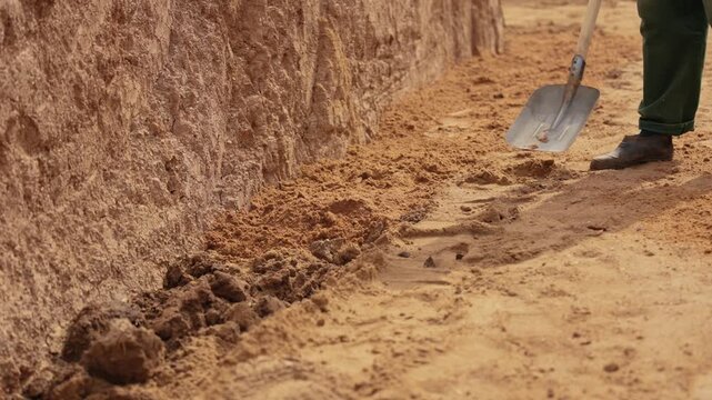 Male archaeologist's legs and shovel moving earth during an archaeological dig at a historical site. Detailed shot of a scientific excavation uncovering layers of soil and searching for artifacts