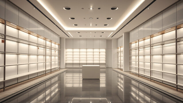 Clean Contemporary Shop Interior with Symmetrical Shelving and Bright Lighting