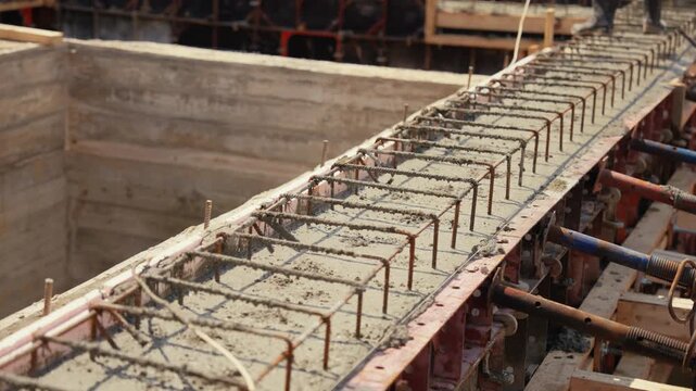 Steel reinforcement cage inside a concrete formwork during the construction of a building foundation