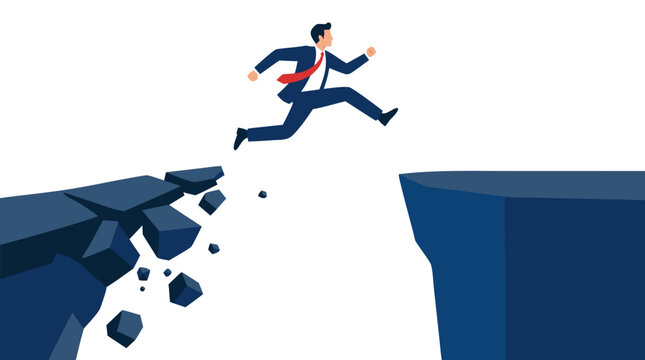 Businessman in suit leaping across crumbling cliff gap from unstable rocky edge to solid blue plateau, bold flat vector illustration depicting risk, courage, and business stability concept