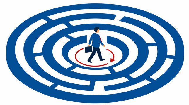 Businessman walking in circles inside a blue maze labyrinth, symbolizing unsolvable problems, being stuck in routine, repetitive cycles, frustration, and lack of progress at workplace
