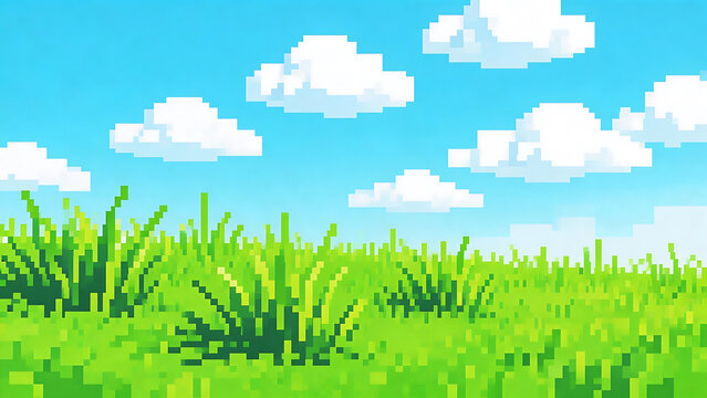 Pixel art of grass and clouds