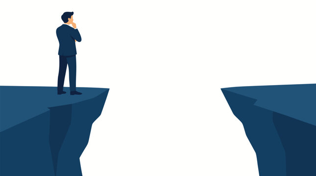 Businessman in suit standing on cliff edge contemplating gap to cross, bold flat vector illustration, dramatic career decision metaphor, clean background, blue tones