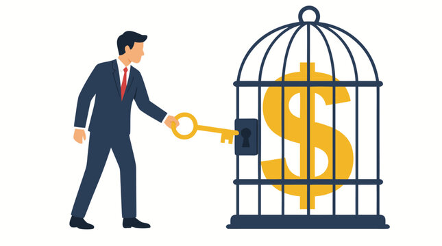 Businessman in suit holding golden key unlocking a large yellow dollar sign symbol trapped inside a cage, flat vector illustration for financial success concepts