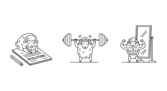Funny Sheep New Year Resolution and Body Transformation Line Art
