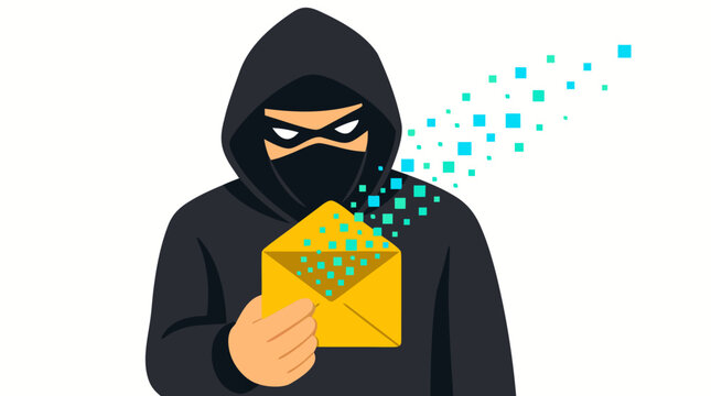 Hooded hacker figure holding glowing yellow envelope with escaping cyan data particles in bold flat vector illustration style on white background