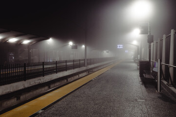 An evocative scene at a misty train platform, marked by soft ambient lights and visible train signs, generating an atmosphere of mystery and anticipation for onlookers. © Veronique