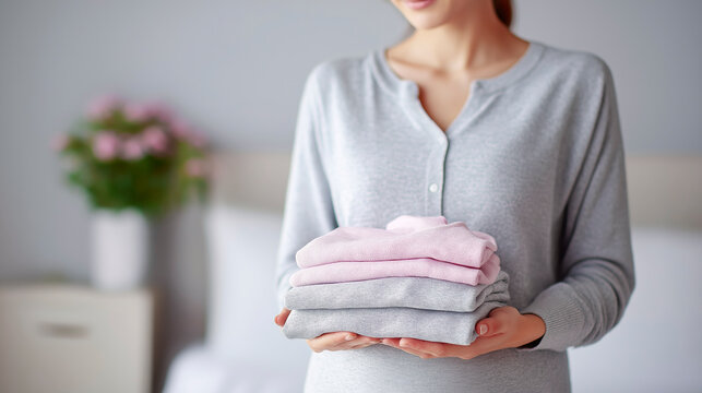 Woman holding a folded stack of pink and grey baby clothes wearing a grey long-sleeved henley shirt against a blurred bedroom background with flowers in a vase