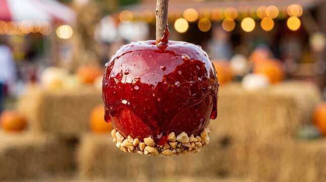 Delicious candy apple with peanuts at a fall festival