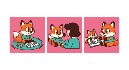 Fototapeta premium Cute Cartoon Fox Reading and Storytime Vector Illustration Set