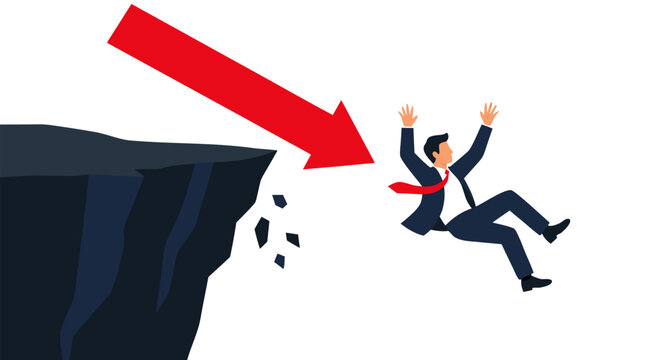 Businessman in suit falling backward off cliff edge, pushed by giant red downward arrow, flat bold vector illustration of financial failure and market decline